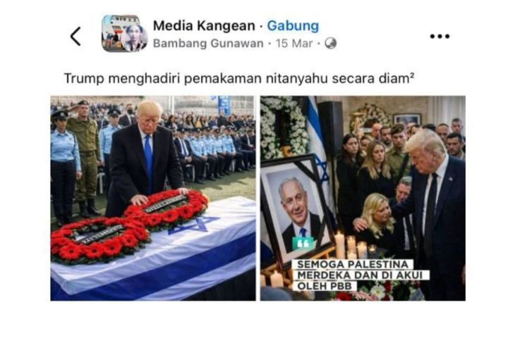 Unggahan yang menarasikan Donald Trump letakkan karangan bunga di peti jenazah Netanyahu. Faktanya, foto tersebut merupakan hasil AI. (Facebook) <b>(Antara)</b>