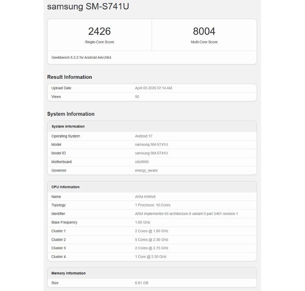 Samsung Galaxy S26 FE mencatatkan skor single-core mencapai 2.426 dan multi-core 8.004 di Geekbench. (Foto: Istimewa via GSM Arena)
