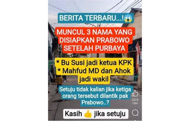 Unggahan yang menarasikan Prabowo ganti ketua KPK jadi Susi Pudjiastuti atau Mahfud MD. Faktanya, hingga saat ini, pimpinan KPK masih dijabat oleh Setyo Budiyanto yang dilantik pada Desember 2024. (Facebook) <b>(Antara)</b>