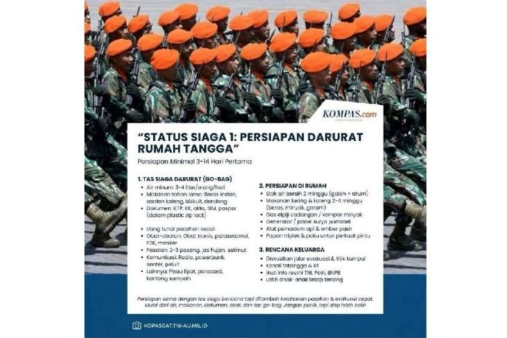 Unggahan yang menarasikan instruksi siaga 1 untuk persiapan rumah tangga. Faktanya, perintah &ldquo;Siaga 1&rdquo; yang dikeluarkan Panglima TNI sebagai langkah antisipasi terhadap dampak konflik global. (Facebook) <b>(Antara)</b>