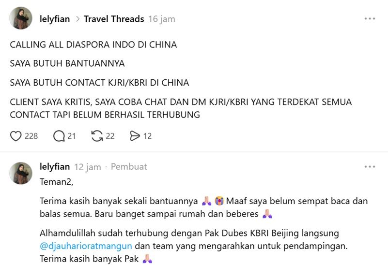 Viral di Threads, Warganet Dapat Respons Cepat Dubes RI di China saat Hadapi Situasi Darurat <b>(Tangkapan Layar)</b>