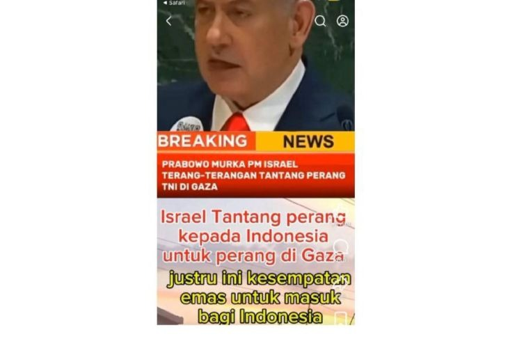 Unggahan yang menarasikan Netanyahu tantang Indonesia untuk perang di Gaza. Faktanya, pernyataan tersebut tidak berdasar. (Facebook) <b>(Antara)</b>