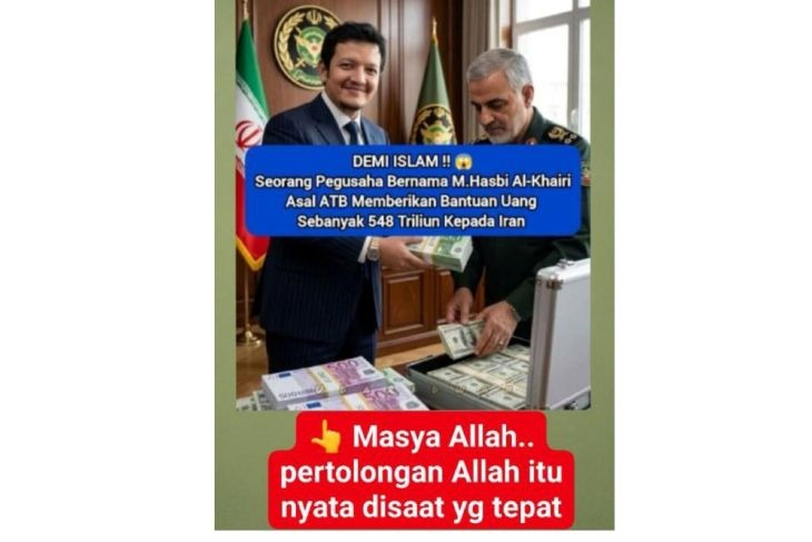 Unggahan yang menarasikan foto WNI sumbang ratusan miliar ke Iran. Faktanya, foto tersebut merupakan hasil AI. (Facebook) <b>(Antara)</b>