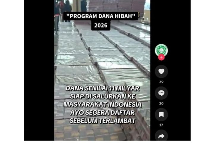 Unggahan yang menarasikan Purbaya salurkan bantuan dana hibah Rp11 miliar pada 2026. Faktanya, pernyataan tersebut tidak berdasar. (TikTok) <b>(Antara)</b>