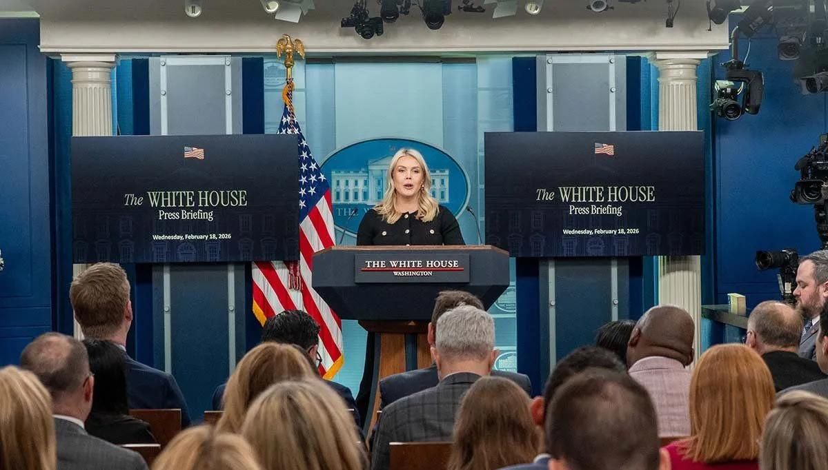 Sekretaris Pers Gedung Putih Karoline Leavitt berbicara saat konferensi pers di Gedung Putih di Washington, D.C., Amerika Serikat, Rabu (18/2/2026). ANTARA/Xinhua/Li Yuanqing/aa. <b>(Antara)</b>