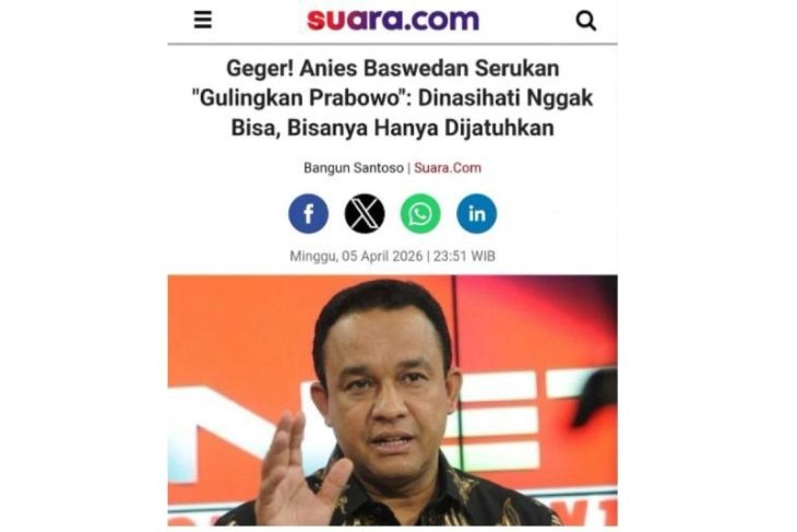 Unggahan yang menarasikan artikel Anies Baswedan serukan &ldquo;gulingkan Prabowo&rdquo;. Faktanya, artikel tersebut merupakan suntingan. (Facebook) <b>(Antara)</b>