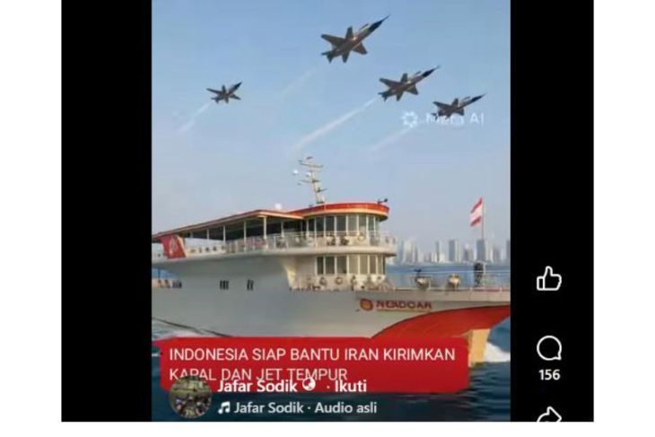Unggahan yang menarasikan Indonesia kirim kapal dan jet tempur untuk bantu Iran. Faktanya, video tersebut merupakan hasil AI. (Facebook) <b>(Antara)</b>