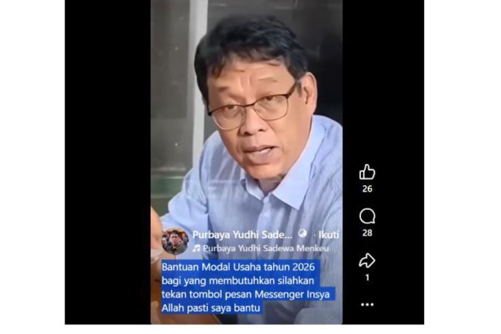 Unggahan yang menarasikan Purbaya tawarkan bantuan modal usaha Rp85 Juta. Faktanya, video tersebut merupakan hasil AI. (Facebook) <b>(Antara)</b>