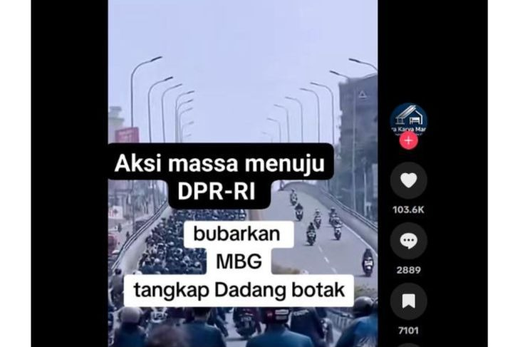 Unggahan video yang dinarasikan aksi demontrasi menuju DPR untuk bubarkan MBG. Faktanya, video tersebut identik dengan unggahan YouTube KompasTV aksi demonstrasi pengemudi ojek online di Jember pada Mei 2025. (TikTok) <b>(Antara)</b>