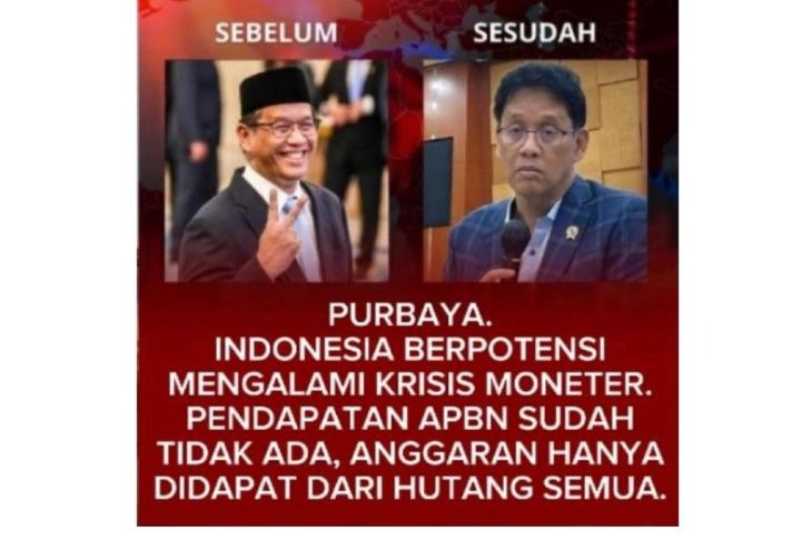 Unggahan yang menarasikan Purbaya sebut Indonesia berpotensi krisis moneter. Faktanya, pernyataan tersebut tidak berdasar. (Instagram) <b>(Antara)</b>