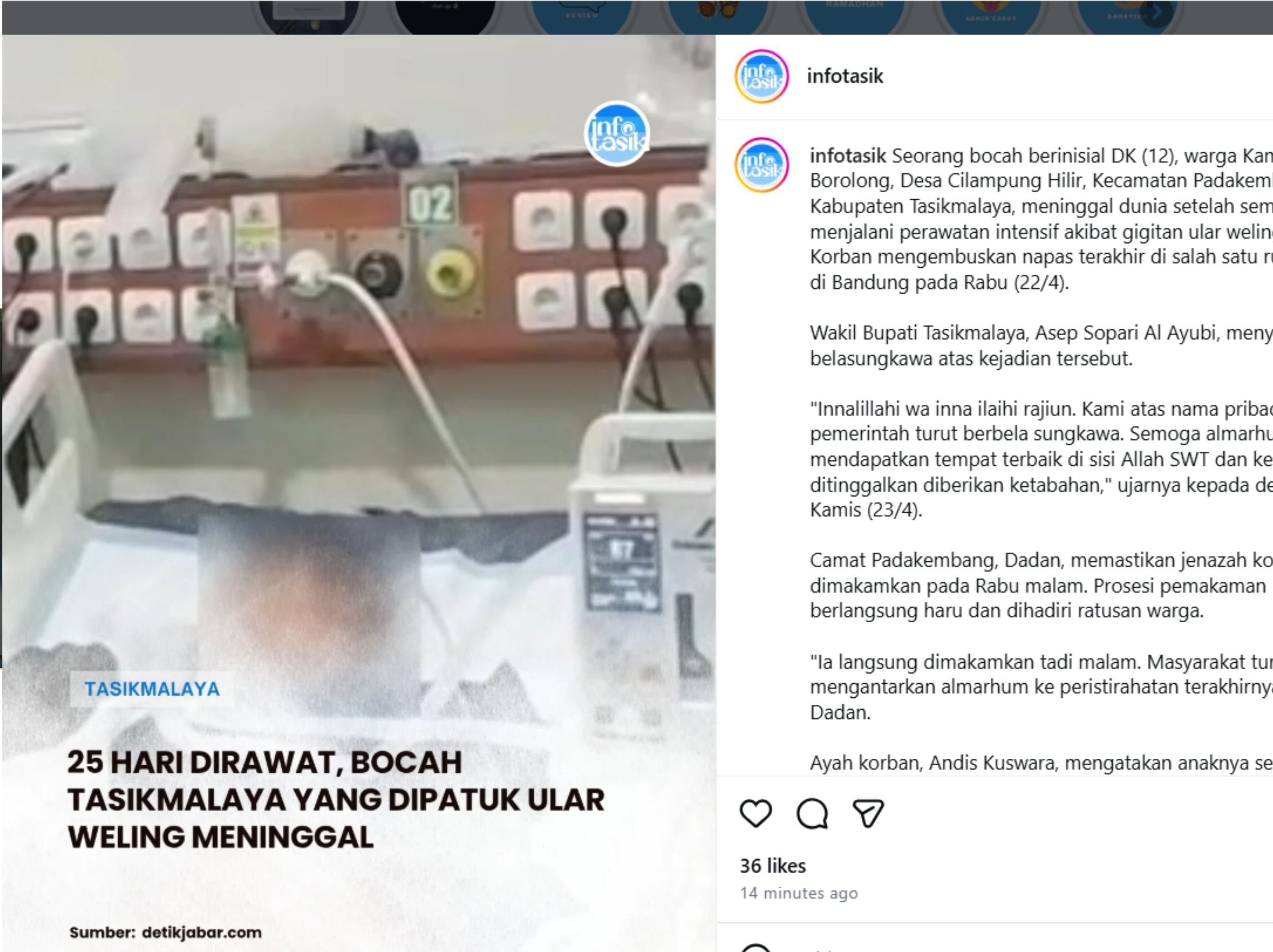 Seorang bocah berinisial DK (12), warga Kampung Borolong, Desa Cilampung Hilir, Kecamatan Padakembang, Kabupaten Tasikmalaya, meninggal dunia setelah sempat menjalani perawatan intensif akibat gigitan ular weling. Korban mengembuskan napas terakhir di salah satu rumah sakit di Bandung pada Rabu (22/4). <b>(INFO TASIK)</b>