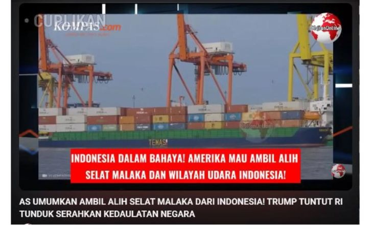 Unggahan yang menarasikan Amerika Serikat bakal ambil alih Selat Malaka. Faktanya, pernyataan tersebut tidak berdasar. (YouTube) <b>(Antara)</b>