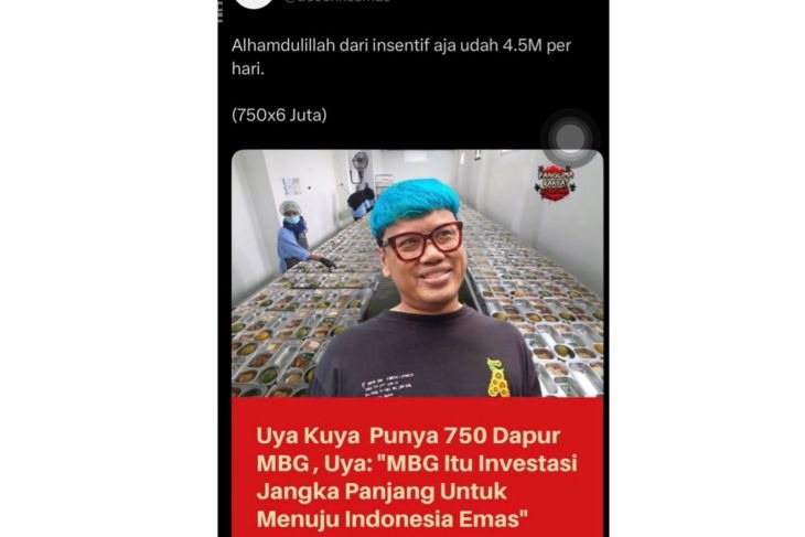 Unggahan yang menarasikan Uya Kuya nyatakan punya 750 dapur MBG. Faktanya, Uya Kuya membantah informasi tersebut dan menegaskan bahwa ia tidak memiliki dapur MBG. (X) <b>(Antara)</b>