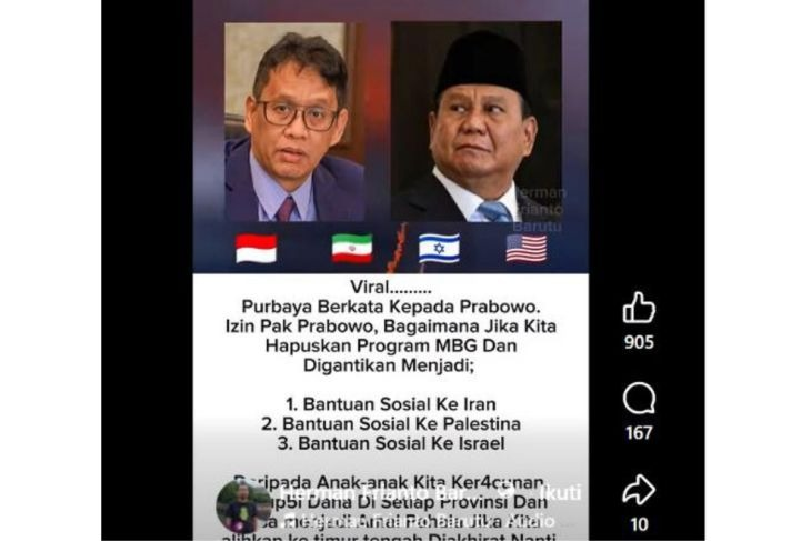 Unggahan yang menarasikan Purbaya usul MBG diubah jadi bantuan untuk Iran, Palestina, dan Israel. Faktanya, pernyataan tersebut tidak berdasar. (Facebook) <b>(Antara)</b>