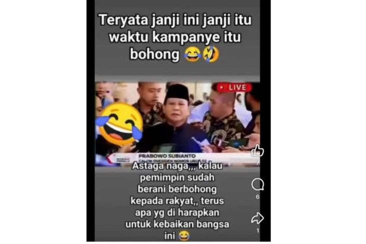 Unggahan yang menarasikan Prabowo mengaku bohongi rakyat saat kampanye Pilpres. Faktanya, pernyataan dalam video aslinya tidak sesuai dengan narasi judul. (Facebook) <b>(Antara)</b>