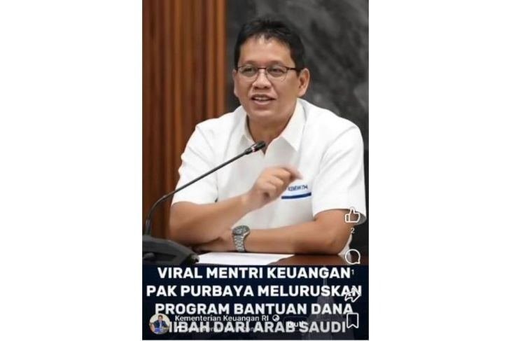 Unggahan yang menarasikan Purbaya menginformasikan dana hibah dari Arab Saudi. Faktanya, video tersebut merupakan hasil AI. (Facebook) <b>(Antara)</b>