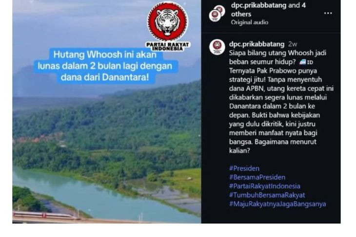Unggahan yang menarasikan utang kereta cepat Whoosh lunas dalam dua bulan. Faktanya, pernyataan tersebut tidak berdasar. (Instagram) <b>(Antara)</b>