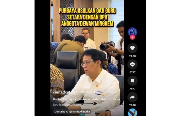 Unggahan yang menarasikan Menkeu Purbaya sebut gaji guru harus setara DPR. Faktanya, pernyataan tersebut tidak berdasar. (TikTok) <b>(Antara)</b>