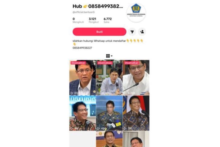 Unggahan TikTok mengatasnamakan Sekretariat Jenderal Kemenkeu yang menawarkan bantuan dana untuk masyarakat. Faktanya, akun tersebut bukan akun resmi dan tidak memiliki keterkaitan dengan Kementerian Keuangan. (TikTok) <b>(Antara)</b>