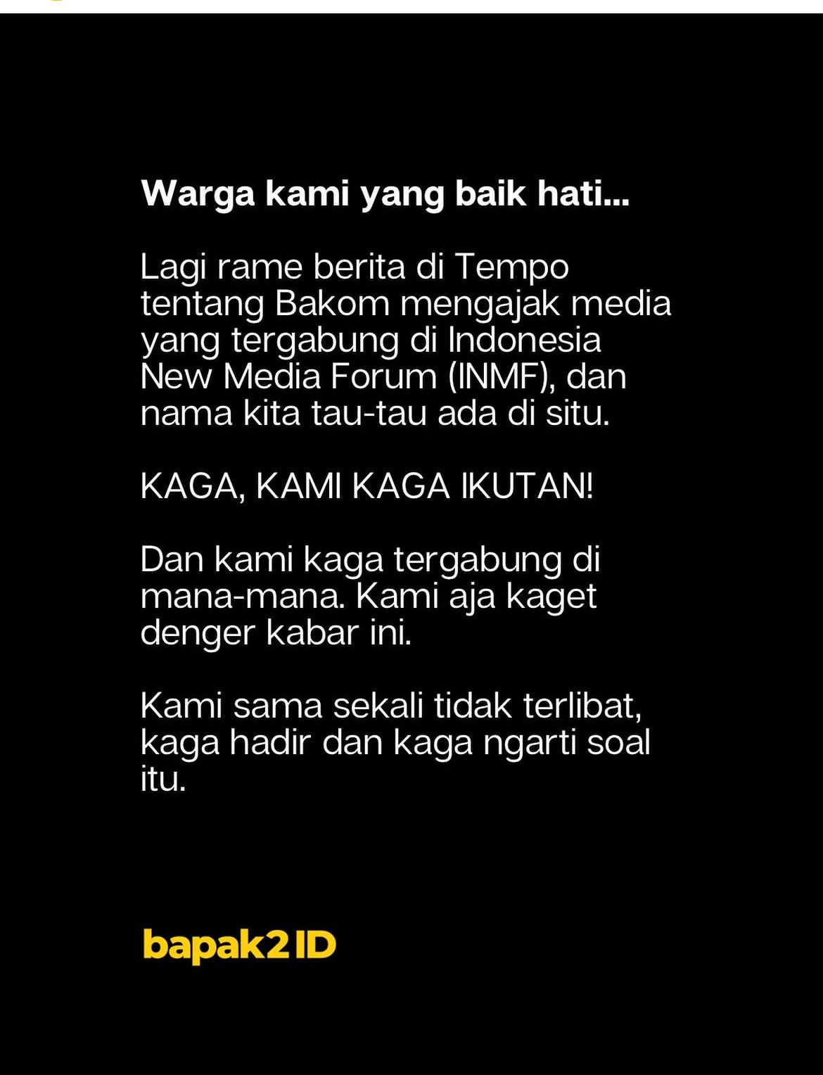 Akun resmi instagram Bapak2ID menegaskan bahwa pihaknya tidak pernah terlibat dalam forum <b>(Tangkapan Layar)</b>