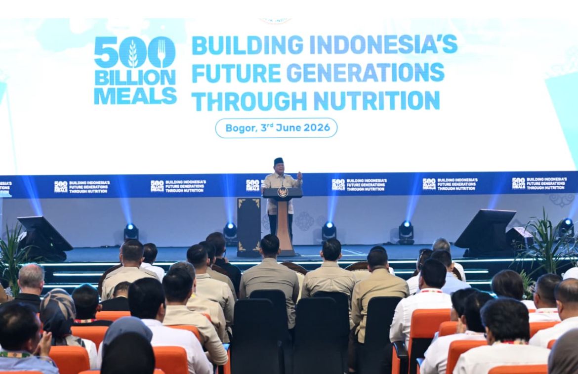 Prabowo Subianto pada acara Building Indonesia&rsquo;s Future Generations Through Nutrition di Sentul International Convention Center (SICC), Kabupaten Bogor, Jawa Barat <b>(Sekretariat Presiden)</b>