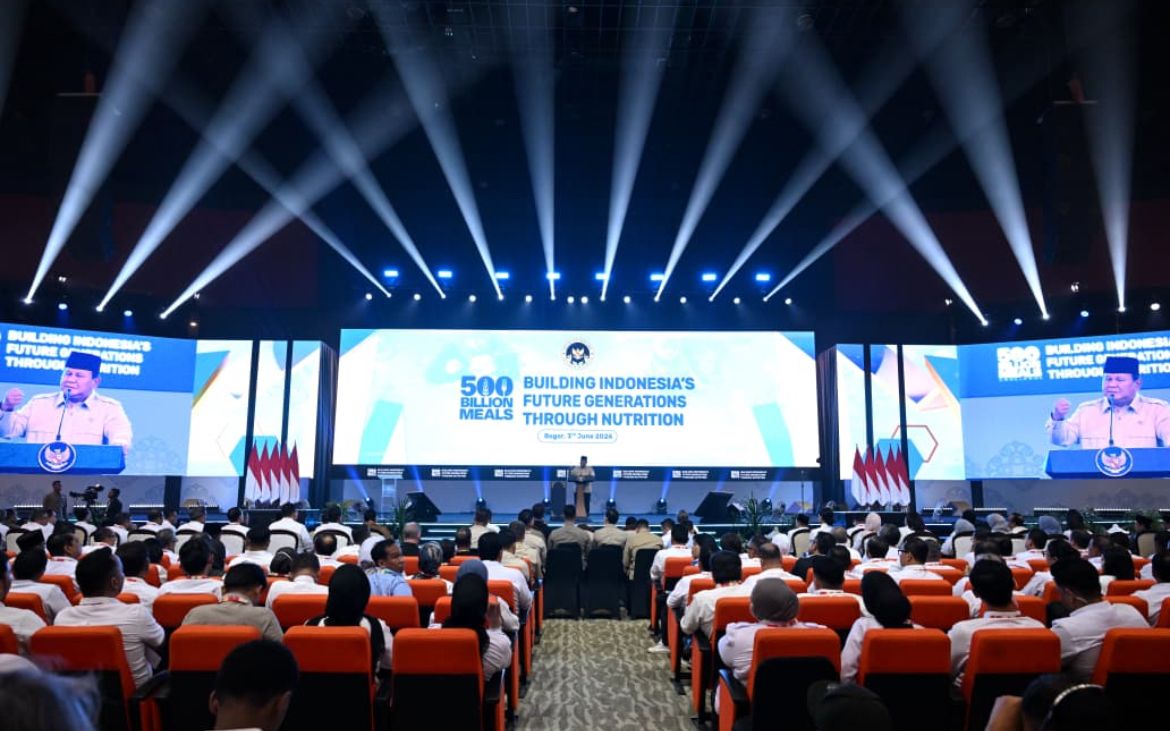 Prabowo Subianto pada acara Building Indonesia&rsquo;s Future Generations Through Nutrition di Sentul International Convention Center (SICC), Kabupaten Bogor, Jawa Barat <b>(Sekretariat Presiden)</b>