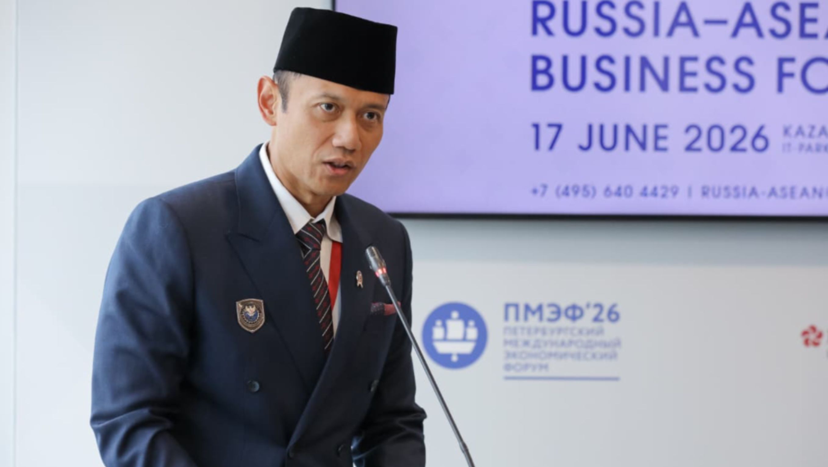 Menko Agus Harimurti Yudhoyono (AHY) saat menjadi pembicara pada sesi EAEU-ASEAN dalam St. Petersburg International Economic Forum (SPIEF) 2026 di St. Petersburg, Rusia, Kamis (4/6/2026). <b>(Ist.)</b>