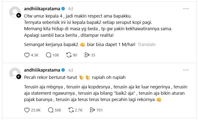 Unggahan artis Andhika Pratama di platform Threads yang mengkritik program-program pemerintah, ramai dikomentari netizen.  <b>(Threads @andhiiikapratama)</b>