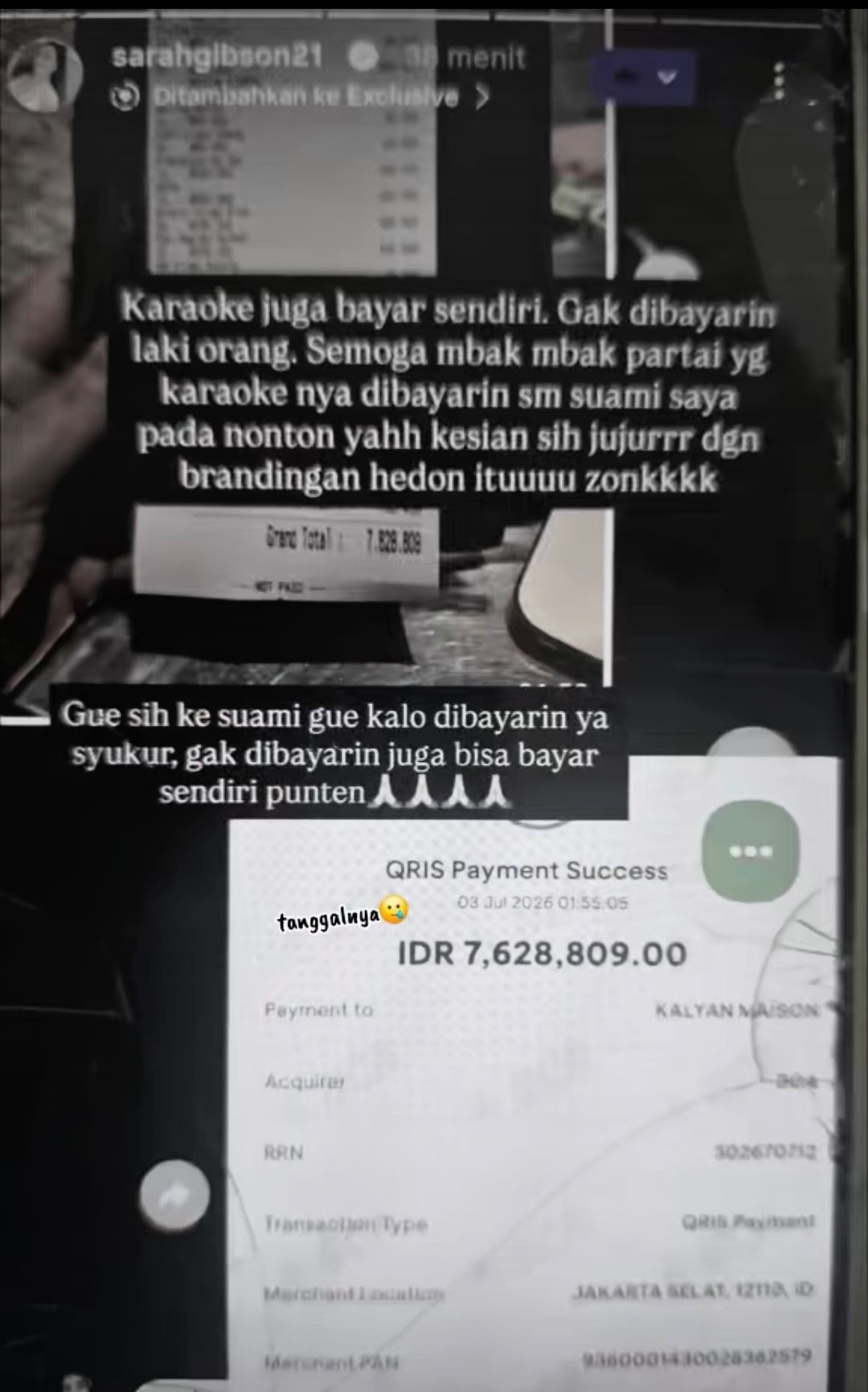 Bukti Diska Resha suami Sarah Gibson bayari selingkuhan karaoke  <b>(Instagram)</b>