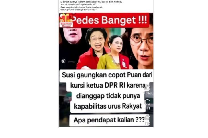 Unggahan yang menarasikan Susi Pudjiastuti desak Puan Maharani mundur dari kursi Ketua DPR RI. Faktanya, tidak ditemukan pernyataan resmi dari Susi Pudjiastuti yang meminta Puan Maharani mundur atau dicopot dari jabatan Ketua DPR RI. (Facebook). <b>(Antara)</b>