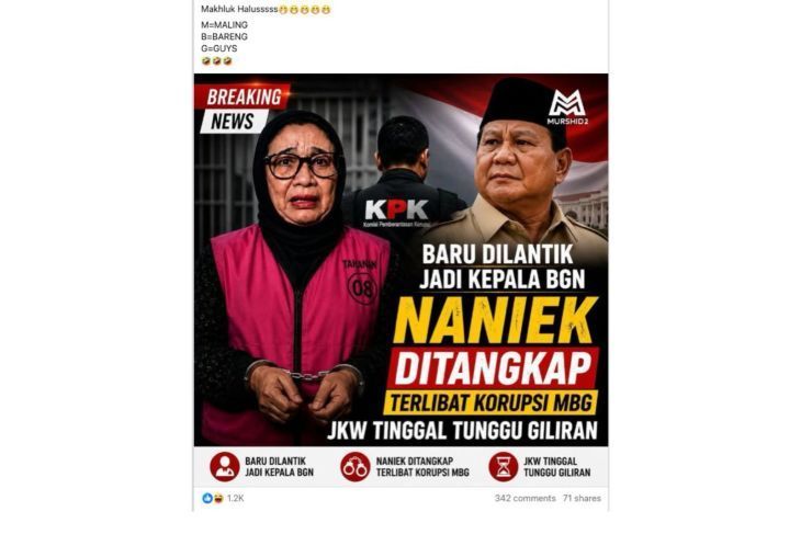 Unggahan yang menarasikan Nanik ditangkap akibat terlibat korupsi MBG pada Juni 2026. Faktanya, pernyataan tersebut tidak berdasar. Foto Nanik menggunakan rompi pink khas tahanan Kejagung juga merupakan hasil AI. (Facebook) <b>(Antara)</b>
