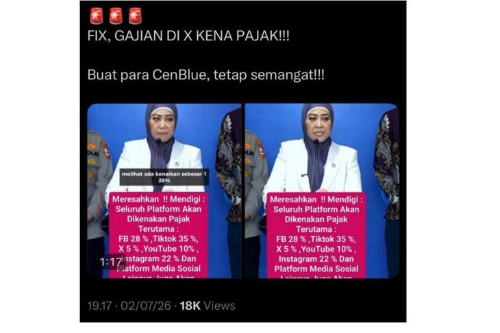 Unggahan yang menarasikan Menkomdigi umumkan pajak untuk penghasilan influencer. Faktanya, angka yang disebut dalam video merujuk pada persentase temuan spam komentar judi online di berbagai platform media sosial, bukan kebijakan perpajakan.  <b>(Antara)</b>
