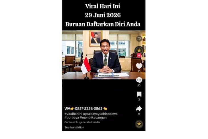 Unggahan video yang menarasikan Purbaya larang masyarakat ikut program dana hibah lain selain dari pemerintah. Faktanya, video tersebut merupakan hasil AI. (TikTok) <b>(Antara)</b>