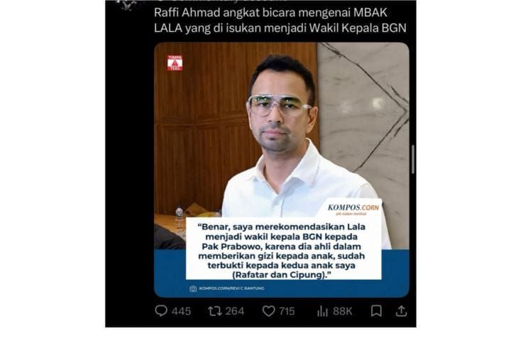 Unggahan yang menarasikan Raffi Ahmad akui rekomendasikan pengasuh anaknya, Lala menjadi wakil kepala BGN. Faktanya, pernyataan dalam unggahan tersebut merupakan suntingan <b>(Antara)</b>
