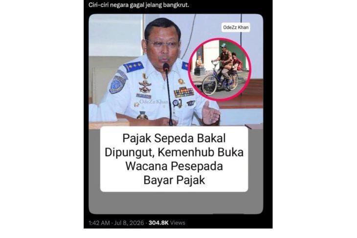 Unggahan yang menarasikan Kemenhub buka wacana pungut pajak sepeda. Faktanya, pernyataan tersebut tidak berdasar <b>(Antara)</b>