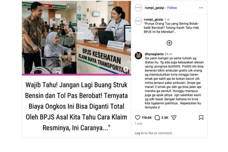 Unggahan yang menarasikan BPJS tanggung biaya transportasi pasien ke rumah sakit. Faktanya, BPJS Kesehatan menegaskan bahwa informasi yang menyebut biaya transportasi berobat dapat diklaim kepada BPJS Kesehatan adalah hoaks. (Instagram) <b>(Antara)</b>