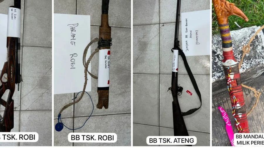 Barang bukti senjata yang digunakan pelaku tidak pidana narkoba membunuh tiga anggota Polri di Desa Tumbang Kalemei, Kabupaten Katingan, Kalimantan Tengah, Sabtu (11/7/2026). (Antara/HO-Dittipidnarkoba Bareskrim Polri)