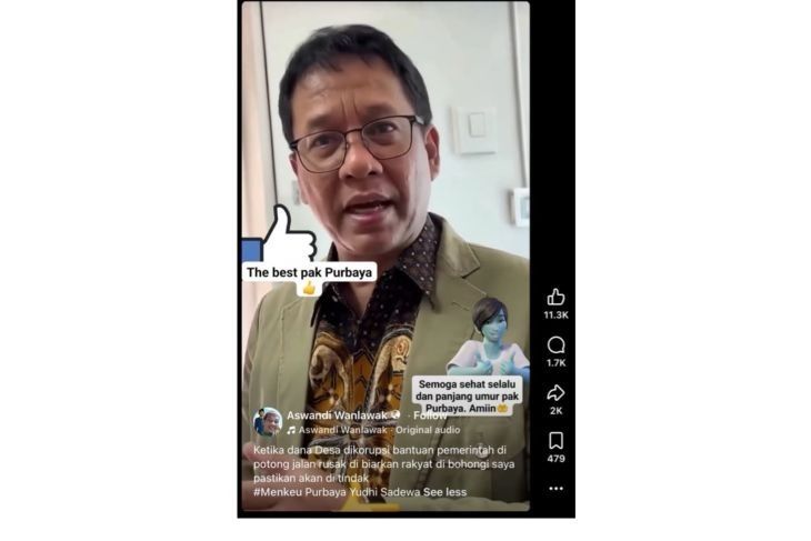 Unggahan video yang menarasikan Purbaya sebut dana desa di korupsi. Faktanya, video Purbaya tersebut merupakan hasil AI. (Facebook). <b>(Antara)</b>