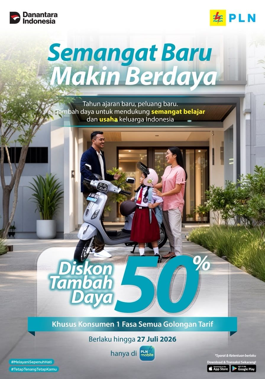 Menyambut Hari Anak Nasional dan tahun ajaran baru, PT PLN (Persero) kembali menghadirkan program diskon tambah daya listrik 50% bertajuk &ldquo;Semangat Baru Makin Berdaya&rdquo; yang berlangsung mulai tanggal 14 Juli hingga 27 Juli 2026. Promo ini dihadirkan guna mendukung kebutuhan listrik masyarakat sekaligus mendorong semangat belajar anak seiring dimulainya tahun ajaran baru sekolah.