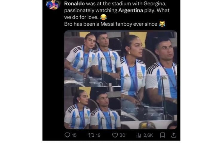Unggahan yang menarasikan foto Ronaldo di tribun mengenakan jersei Argentina. Faktanya, foto tersebut merupakan deepfake. (X) <b>(Antara)</b>