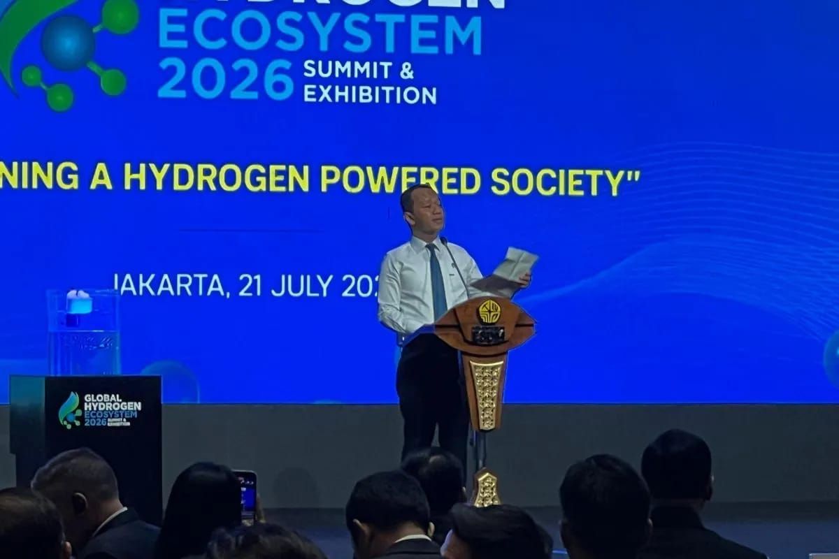 Menteri Energi dan Sumber Daya Mineral (ESDM) Bahlil Lahadalia dalam acara pembukaan Global Hydrogen Ecosystem Summit &amp; Exhibition 2026 yang digelar di Jakarta, Selasa, 21 Juli 2026 <b>(Antara)</b>