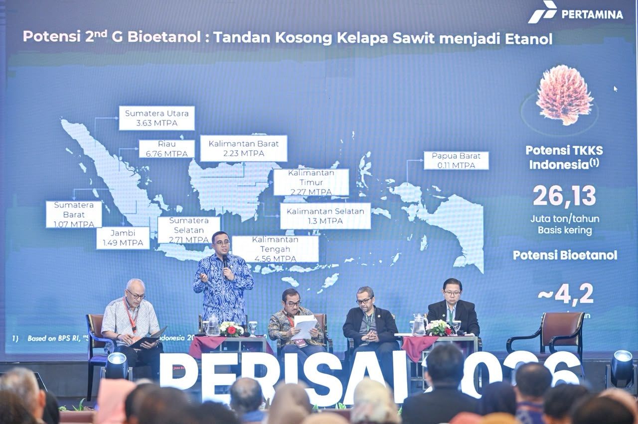 Pertamina memaparkan potensi bioetanol generasi kedua berbahan tandan kosong kelapa sawit (TKKS) sebagai bagian dari strategi pengurangan impor BBM dalam forum Pekan Riset Sawit Indonesia 2026 di Jakarta, Senin, 20 Juli 2026.