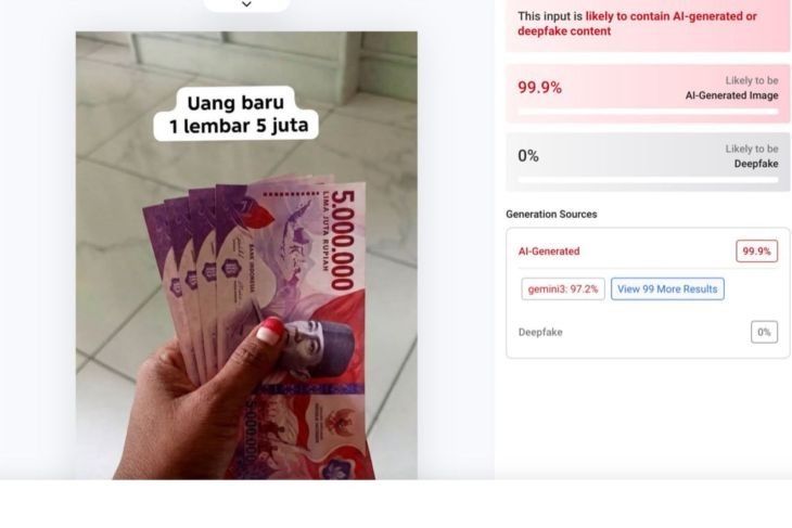 Hasil pemeriksaan menggunakan AI Detector. (Hive Moderation). <b>(Antara)</b>