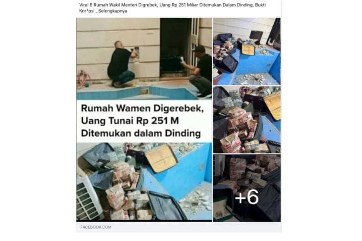 Unggahan yang menarasikan foto rumah Wakil Menteri digeledah dan ditemukan uang Rp251 miliar dalam dinding. Faktanya, penggerebekan dilakukan di rumah Wakil Menteri Perminyakan Irak Bidang Distribusi, Ali Maarij Al Bahadly. <b>(Antara)</b>