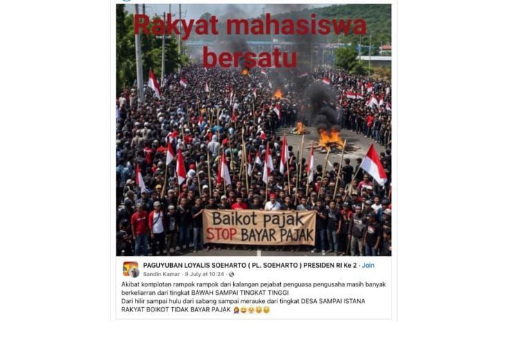 Unggahan yang menarasikan foto aksi demonstrasi untuk berhenti membayar pajak. Faktanya, foto tersebut merupakan gambar hasil rekayasa AI. <b>(Antara)</b>