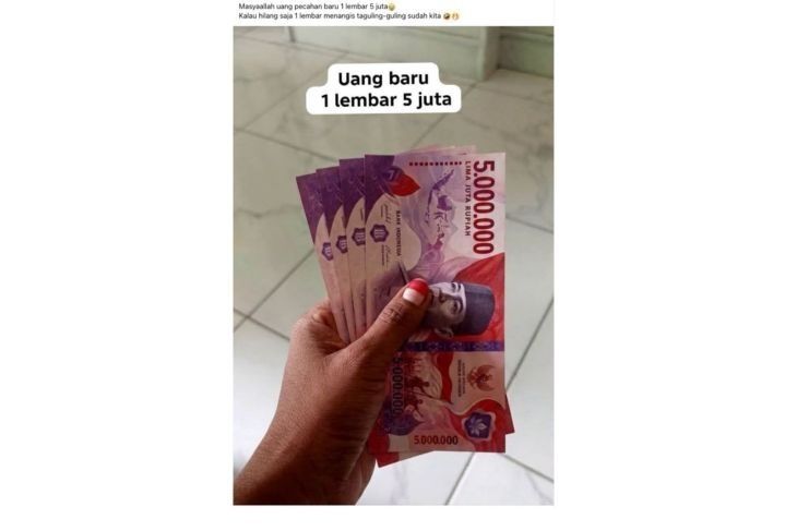 Unggahan yang menarasikan foto uang baru satu lembar Rp5 juta. Faktanya, foto tersebut merupakan hasil AI. (Facebook). <b>(Antara)</b>
