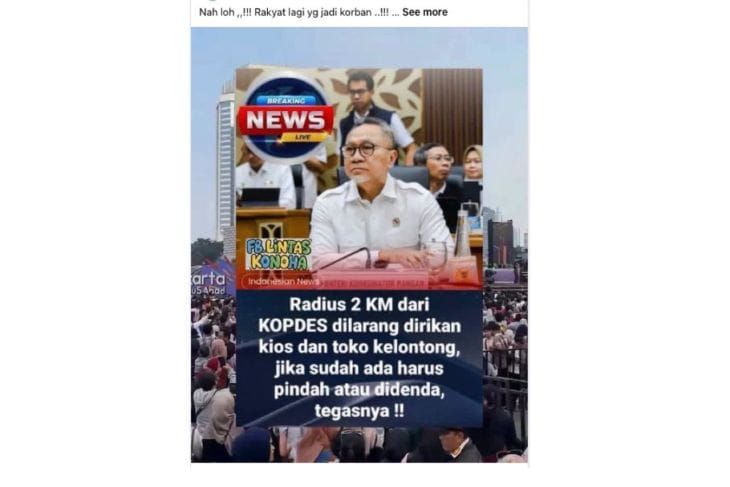 Unggahan yang menarasikan Zulhas larang toko kelontong berdiri radius 2 km dari Kopdes merah putih. Faktanya, pernyataan tersebut tidak berdasar <b>(Antara)</b>