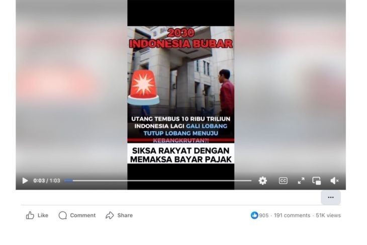 Unggahan yang menarasikan utang Indonesia tembus Rp10.000 triliun. Faktanya, Bank Indonesia dalam publikasinya pada 18 Mei 2026 melaporkan bahwa posisi ULN Indonesia pada triwulan I 2026 tercatat sebesar 433,4 miliar dolar AS atau sekitar Rp7.791 triliun (dengan kurs sekitar Rp17.978 per dolar AS). (Facebook) <b>(Antara)</b>
