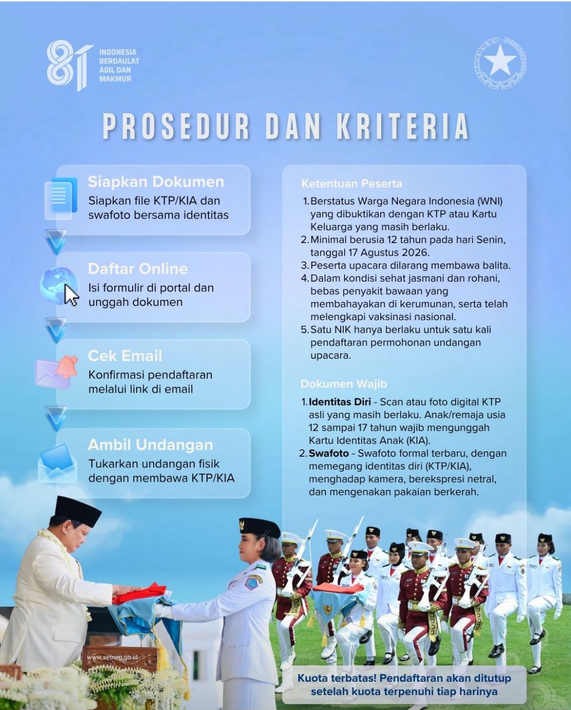 Pendaftaran masyarakat untuk menghadiri Upacara Peringatan HUT ke-81 Kemerdekaan Republik Indonesia di Istana Merdeka <b>(Istimewa)</b>