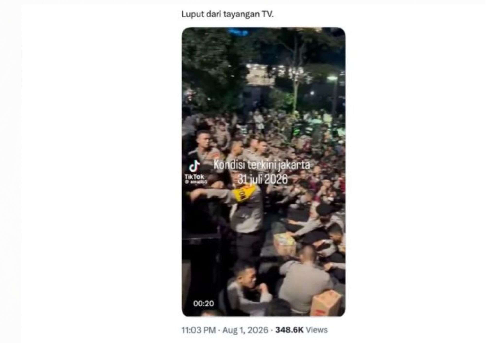 Unggahan video yang mengklaim situasi demo 31 Juli 2026 di Jakarta. Faktanya, video tersebut merupakan rekaman aksi demonstrasi pada 12 Juni 2026 yang disebarkan kembali dengan konteks yang menyesatkan. (X) <b>(Antara)</b>